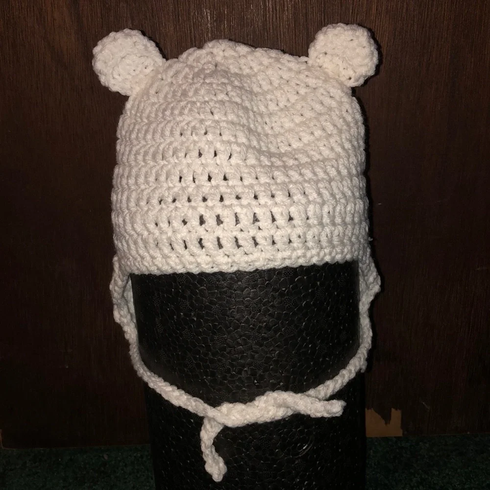 Hand made white crochet baby hat with ears